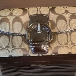 Coach Brown and Cream Canvas Clutch Wallet